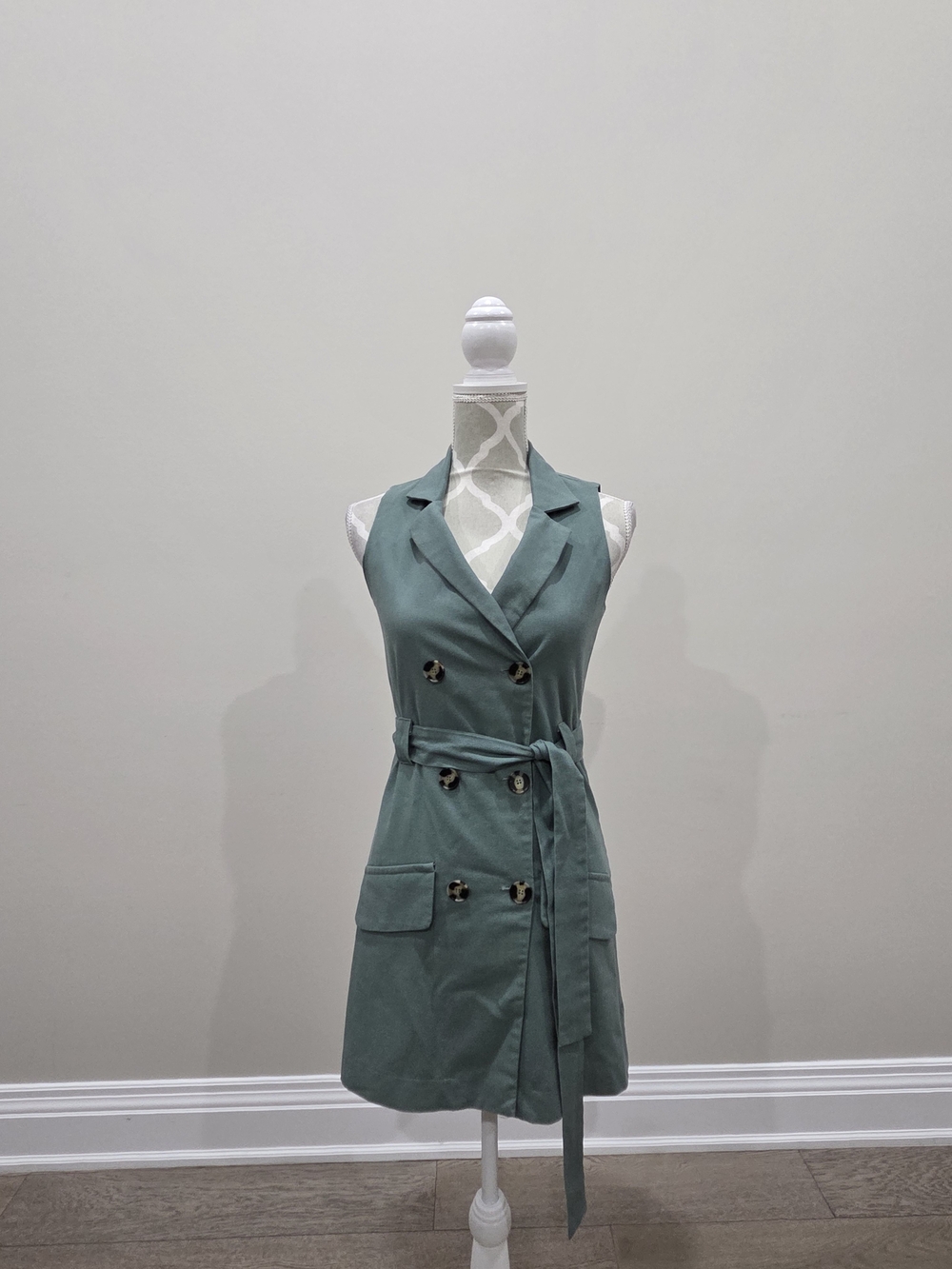Sleeveless Double-Breasted Belted Dress in Sage Green